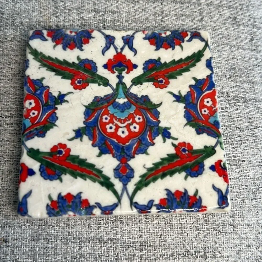 Turkish Stone Coasters: Bohemian Blue Floral Decor, Set of 4- NWOT
